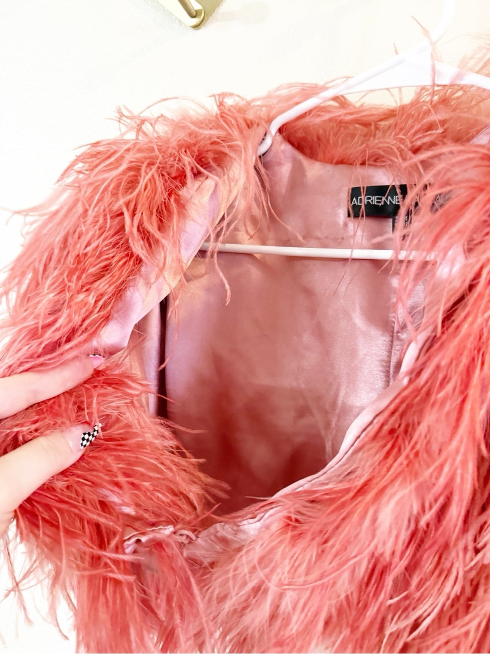 Adrienne Landau Ostrich Feather Coral Pink Button Front Capelet Cover Up Jacket - Picture 7 of 10